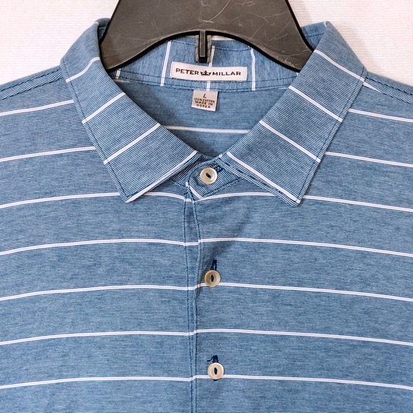 Peter Millar Polo Shirt Mens Large Blue White Striped Short Sleeve Redstone Golf - Picture 1 of 6